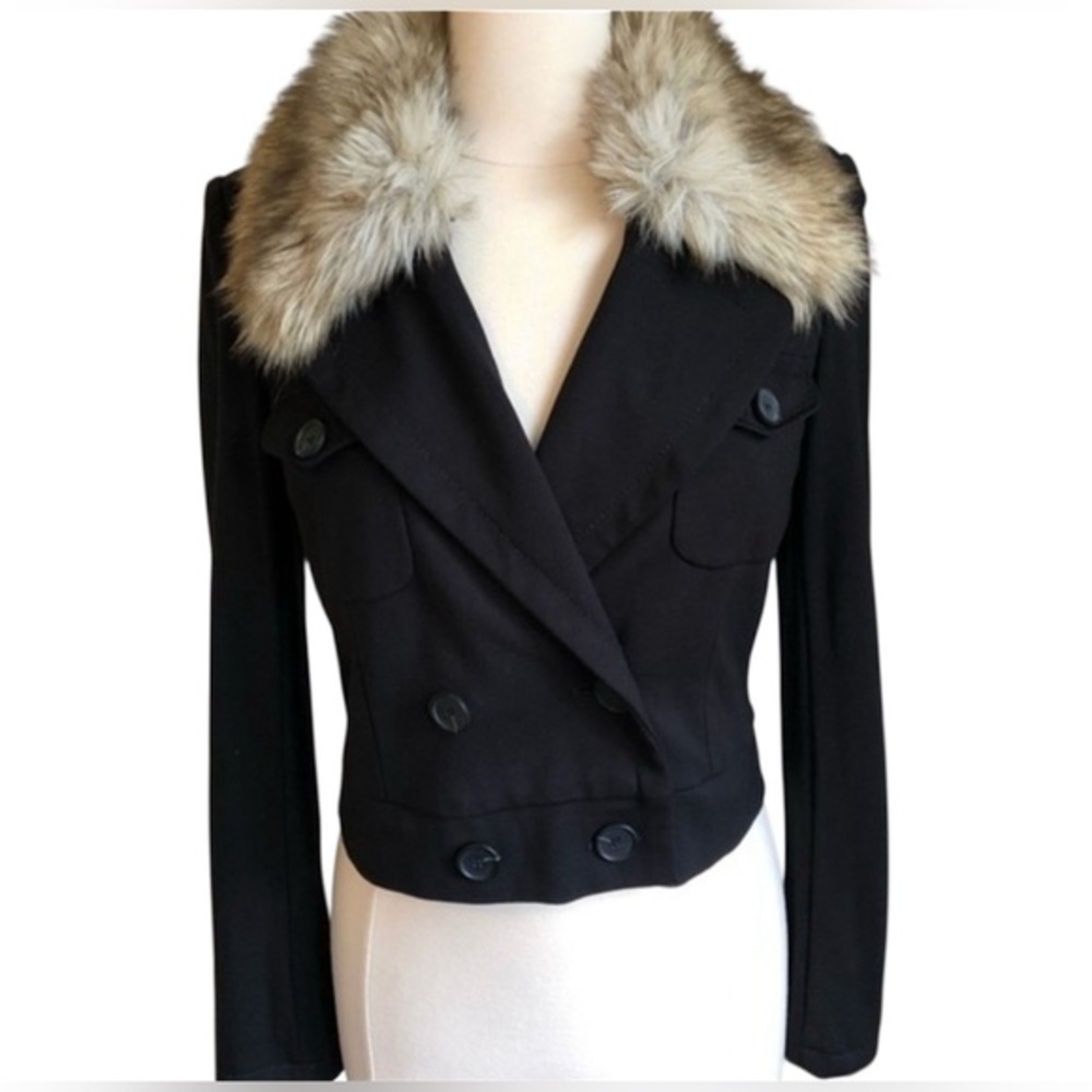 Loft Ann Taylor classic black crop/bomber jacket w/removable faux fur size Small
